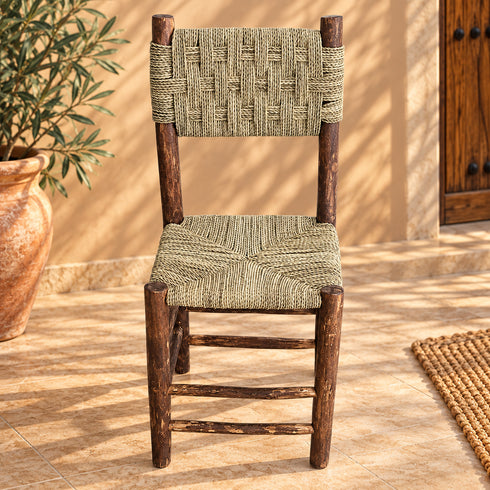 Handcrafted Dark Wood Dining Chair with Woven Natural Fiber Seat & Backrest – Rustic Moroccan Boho Chair
