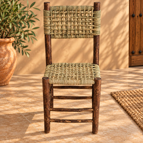 Handcrafted Dark Wood Dining Chair with Woven Seagrass Seat & Backrest – Rustic Moroccan Boho Chair