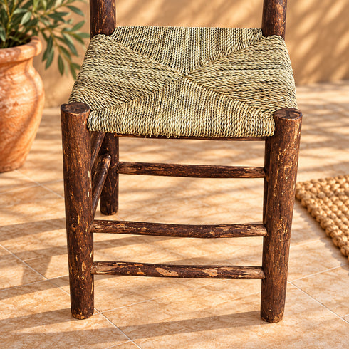 Handcrafted Dark Wood Dining Chair with Woven Natural Fiber Seat & Backrest – Rustic Moroccan Boho Chair