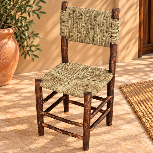 Handcrafted Dark Wood Dining Chair with Woven Natural Fiber Seat & Backrest – Rustic Moroccan Boho Chair
