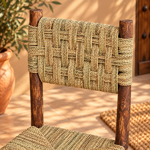 Handcrafted Dark Wood Dining Chair with Woven Natural Fiber Seat & Backrest – Rustic Moroccan Boho Chair