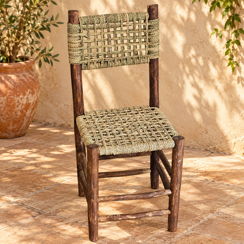 Handcrafted Dark Wood Dining Chair with Woven Seagrass Seat & Backrest – Rustic Moroccan Boho Chair