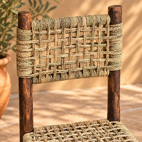 Handcrafted Dark Wood Dining Chair with Woven Seagrass Seat & Backrest – Rustic Moroccan Boho Chair