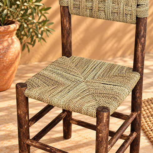 Handcrafted Dark Wood Dining Chair with Woven Natural Fiber Seat & Backrest – Rustic Moroccan Boho Chair