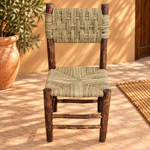 Handcrafted Dark Wood Dining Chair with Woven Natural Fiber Seat & Backrest – Rustic Moroccan Boho Chair