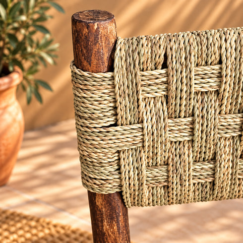 Handcrafted Dark Wood Dining Chair with Woven Natural Fiber Seat & Backrest – Rustic Moroccan Boho Chair