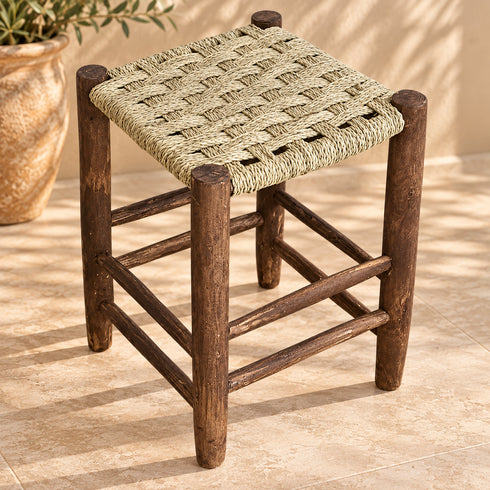 Handcrafted Dark Wood Stool with Woven Seagrass Seat – Rustic Moroccan Boho Accent Stool