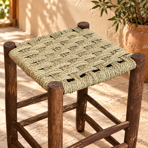 Handcrafted Dark Wood Stool with Woven Seagrass Seat – Rustic Moroccan Boho Accent Stool