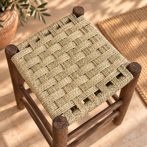 Handcrafted Dark Wood Stool with Woven Seagrass Seat – Rustic Moroccan Boho Accent Stool