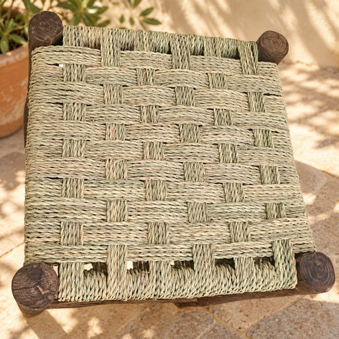 Handcrafted Dark Wood Stool with Woven Seagrass Seat – Rustic Moroccan Boho Accent Stool