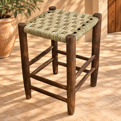 Handcrafted Dark Wood Stool with Woven Seagrass Seat – Rustic Moroccan Boho Accent Stool