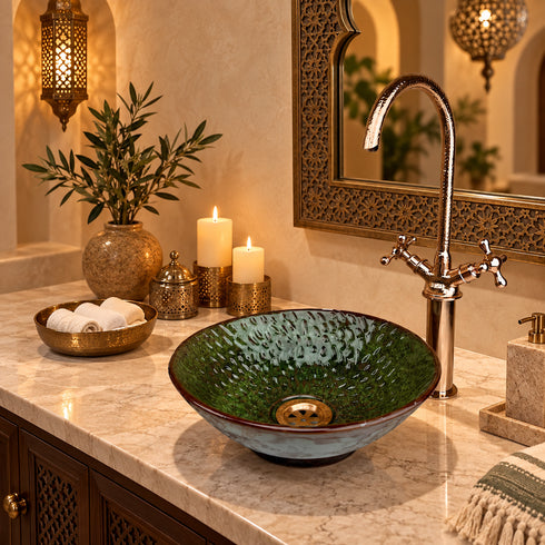 Handcrafted Green Ceramic Vessel Sink with Copper Faucet