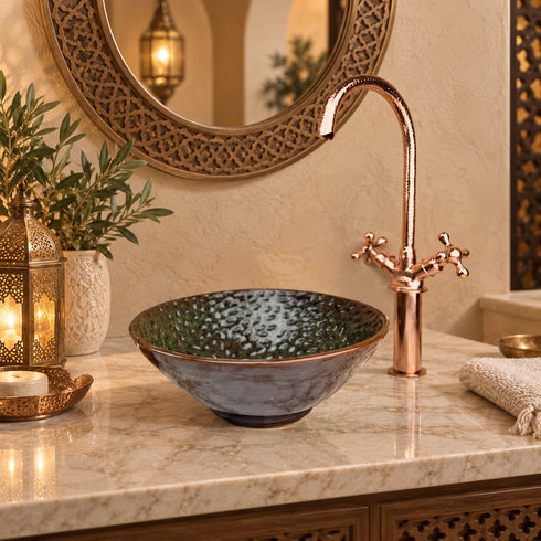 Handcrafted Green Ceramic Vessel Sink with Copper Faucet