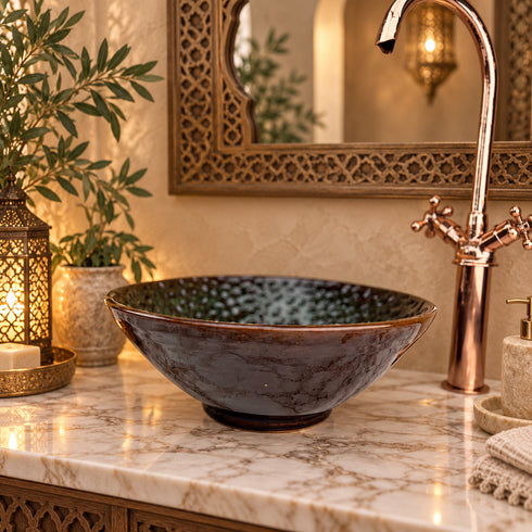 Handcrafted Green Ceramic Vessel Sink with Copper Faucet