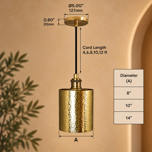 Handcrafted Hammered Brass Cylinder Pendant Light