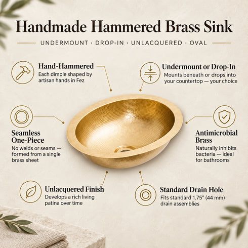 Handcrafted Hammered Brass Oval Sink – Unlacquered Moroccan Basin