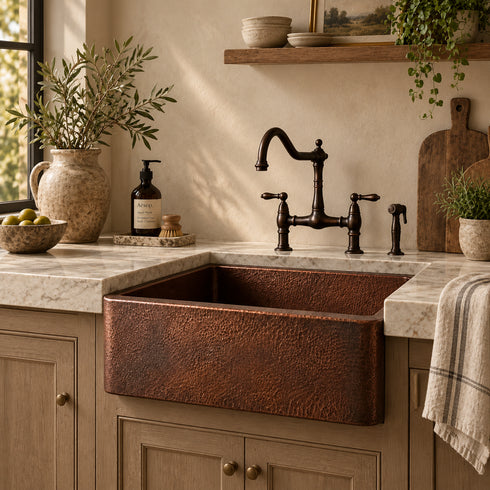 Handcrafted Hammered Copper Farmhouse Apron-Front Kitchen Sink