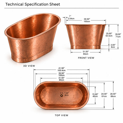 Handcrafted moroccan Hammered Copper Freestanding Soaking Bathtub