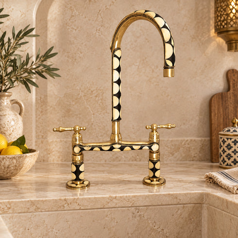Handcrafted Moroccan Brass Bridge Faucet with Black & Ivory Inlay