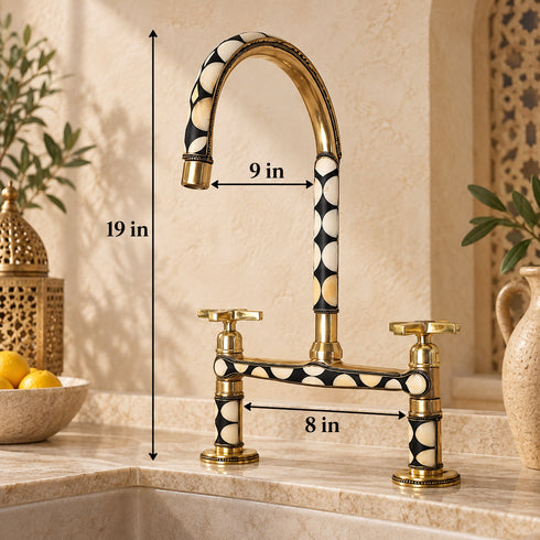 Handcrafted Moroccan Brass Bridge Faucet with Black & Ivory Inlay