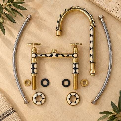 Handcrafted Moroccan Brass Bridge Faucet with Black & Ivory Inlay