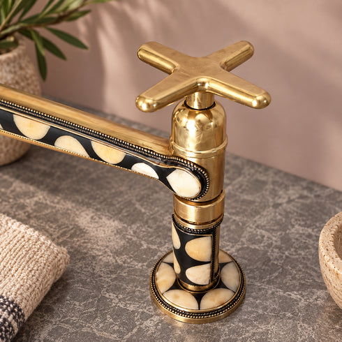Handcrafted Moroccan Brass Bridge Faucet with Black & Ivory Inlay