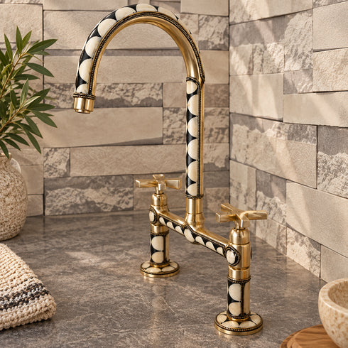 Handcrafted Moroccan Brass Bridge Faucet with Black & Ivory Inlay