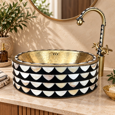 Handcrafted Moroccan Brass Faucet with Black & White Inlay