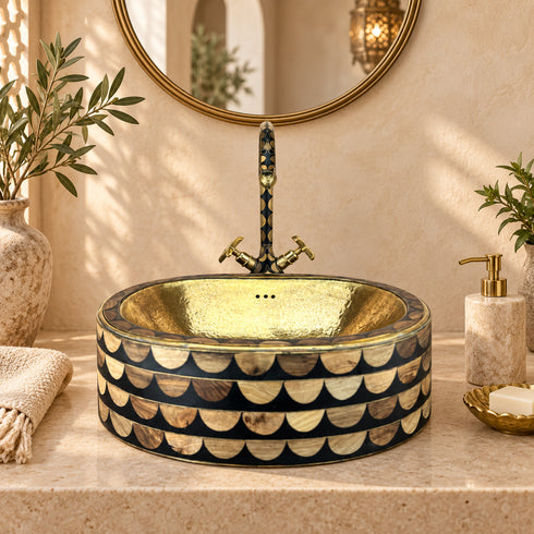 Handcrafted Moroccan Brass Faucet with Black & White Inlay