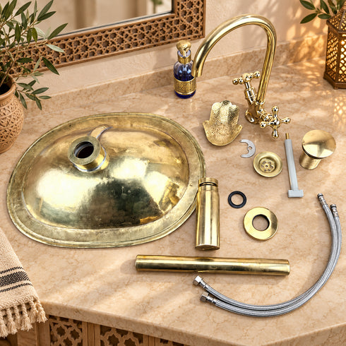 Handcrafted Moroccan Brass Sink & Faucet Set with Matching Accessories