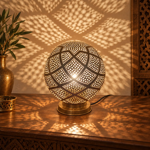 Handcrafted Moroccan Brass Table Lamp – Pierced Metal Globe Light