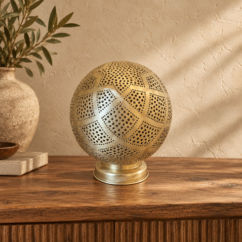 Handcrafted Moroccan Brass Table Lamp – Pierced Metal Globe Light