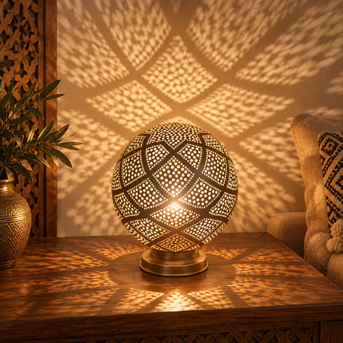 Handcrafted Moroccan Brass Table Lamp – Pierced Metal Globe Light