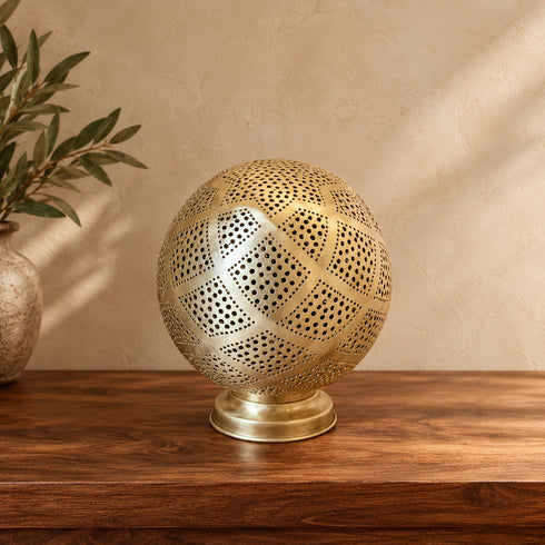 Handcrafted Moroccan Brass Table Lamp – Pierced Metal Globe Light