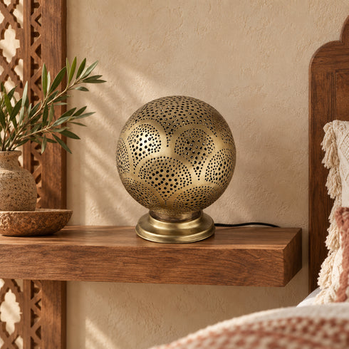 Handcrafted Moroccan Brass Table Lamp – Pierced Metal Globe Light