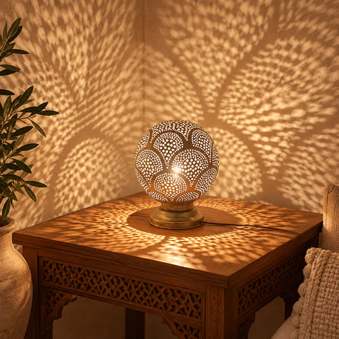 Handcrafted Moroccan Brass Table Lamp – Pierced Metal Globe Light
