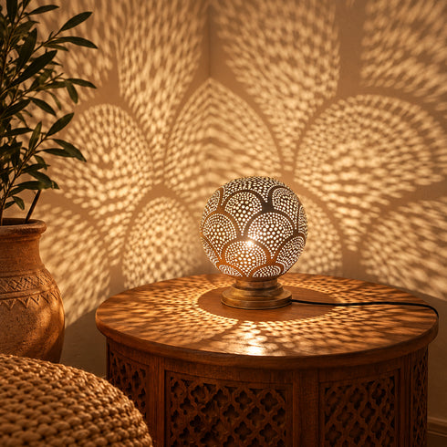 Handcrafted Moroccan Brass Table Lamp – Pierced Metal Globe Light