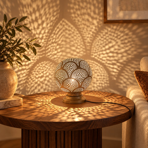 Handcrafted Moroccan Brass Table Lamp – Pierced Metal Globe Light