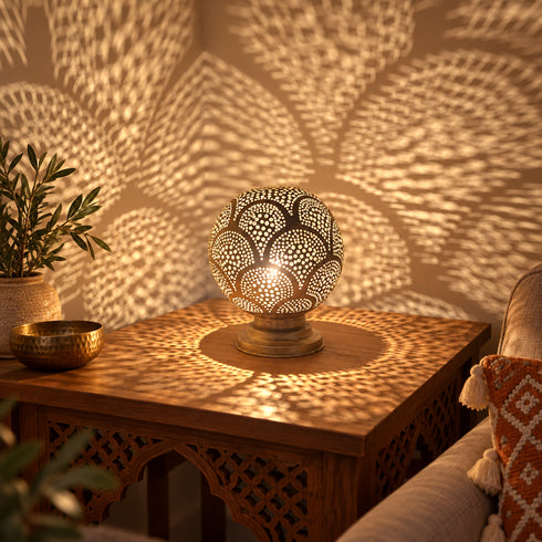 Handcrafted Moroccan Brass Table Lamp – Pierced Metal Globe Light