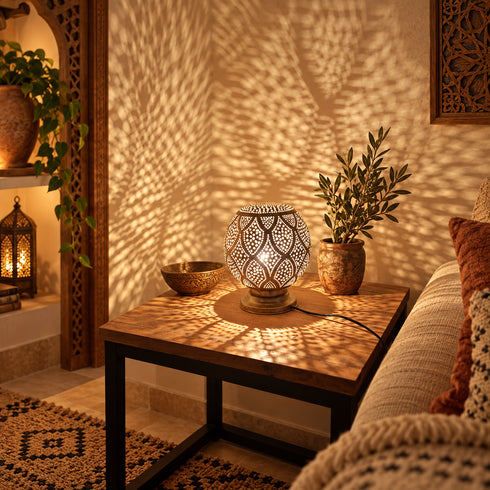 Handcrafted Moroccan Brass Table Lamp – Pierced Metal Lantern with Warm Ambient Light & Decorative Shadow Patterns