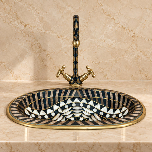 Handcrafted Moroccan Brass Wall-Mounted Basin Stand with Decorative Faucet