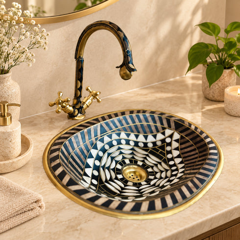Handcrafted Moroccan Brass Wall-Mounted Basin Stand with Decorative Faucet