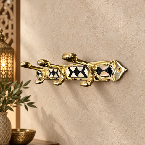 Handcrafted Moroccan Brass Wall Hook Rack with Geometric Inlay