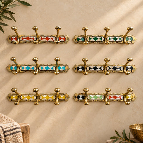 Handcrafted Moroccan Brass Wall Hook Rack with Geometric Inlay
