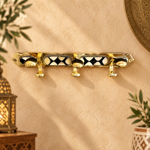 Handcrafted Moroccan Brass Wall Hook Rack with Geometric Inlay