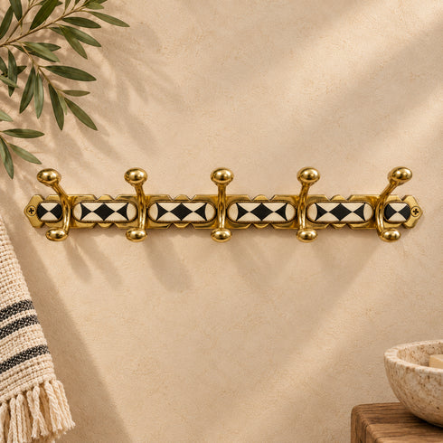 Handcrafted Moroccan Brass Wall Hook Rack with Geometric Inlay