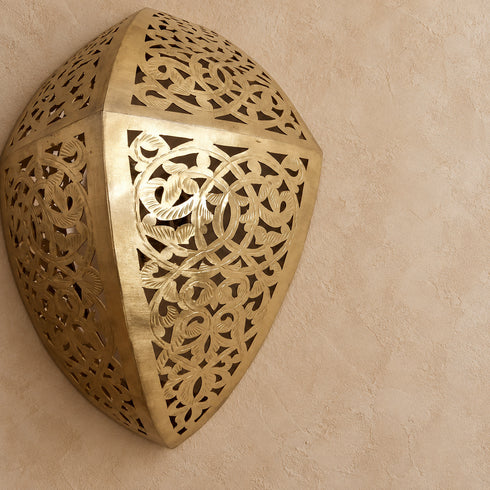 Handcrafted Moroccan Brass Wall Sconce – Pierced Metal Wall Light with Ornate Cutout Design