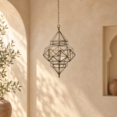 Handcrafted Moroccan Brass & Glass Pendant Light – Geometric Lantern with Transparent Glass, 3 Sizes