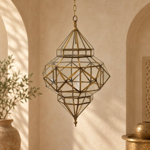 Handcrafted Moroccan Brass & Glass Pendant Light – Geometric Lantern with Transparent Glass, 3 Sizes