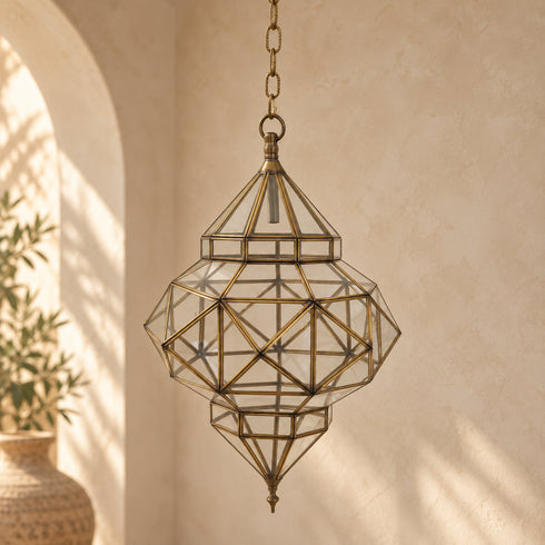 Handcrafted Moroccan Brass & Glass Pendant Light – Geometric Lantern with Transparent Glass, 3 Sizes